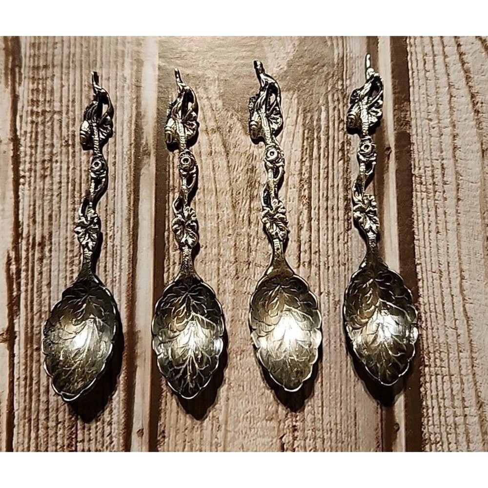 Set Of 4 Vintage Pewter Dimi Spoons With Grape Vine Design